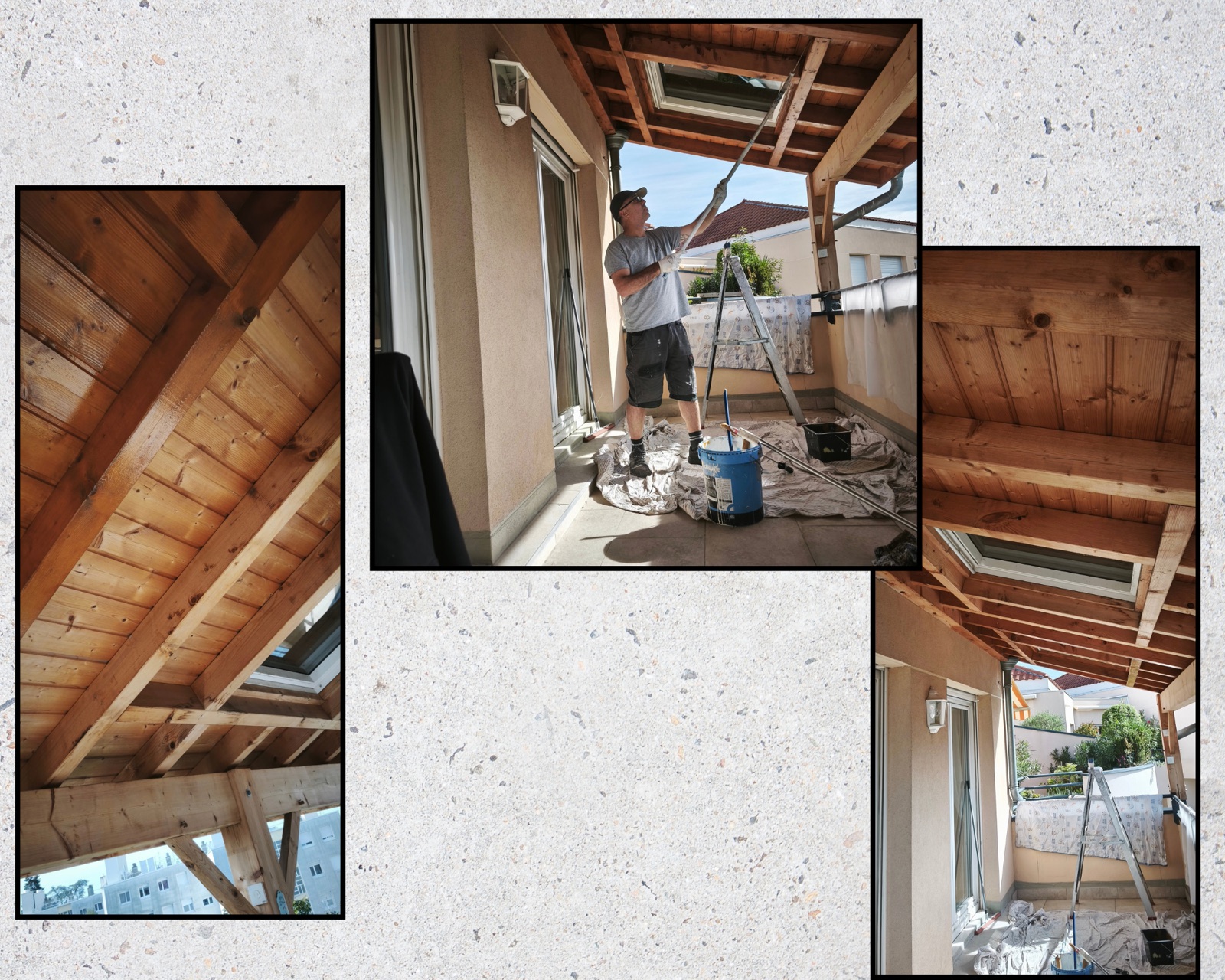 Lasure du plafond en bois d'une terrasse couverte à Lyon, avant/après